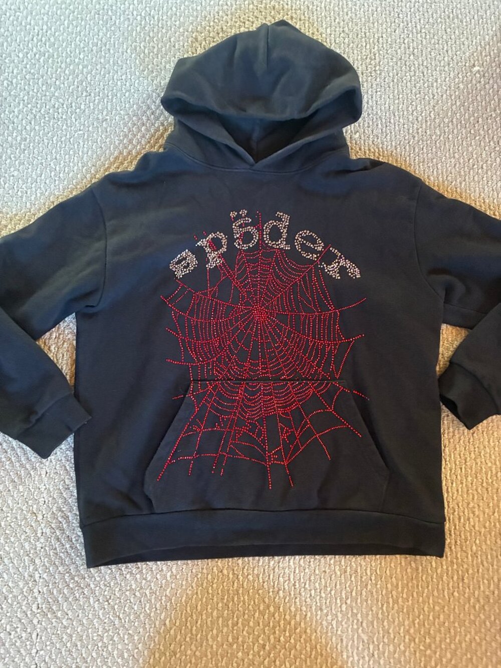 Sp5der OG Rhinestone Logo Graphic Print Hoodie Spiderweb L READ